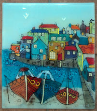 Boats In The Harbour, Fused Glass original by Emma Wood, available at The Picture House Gallery, Padstow.