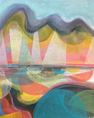 Yachts Off Rock, acrylic  original by Lynn Young available at The Picture House Gallery, Padstow.