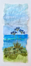 Agapanthus Seascape, textile original by Claire Houghton available at The Picture House Gallery, Padstow.