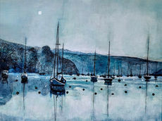 Moonlit Boats off Rock, clay and acrylic original by Julie Adlard available at The Picture House Gallery, Padstow.