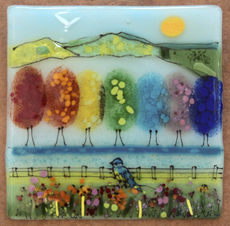 Trees and Blue Tit, Fused Glass original by Emma Wood, available at The Picture House Gallery, Padstow.