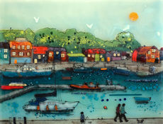 Padstow Harbour, Fused Glass original by Emma Wood, available at The Picture House Gallery, Padstow.