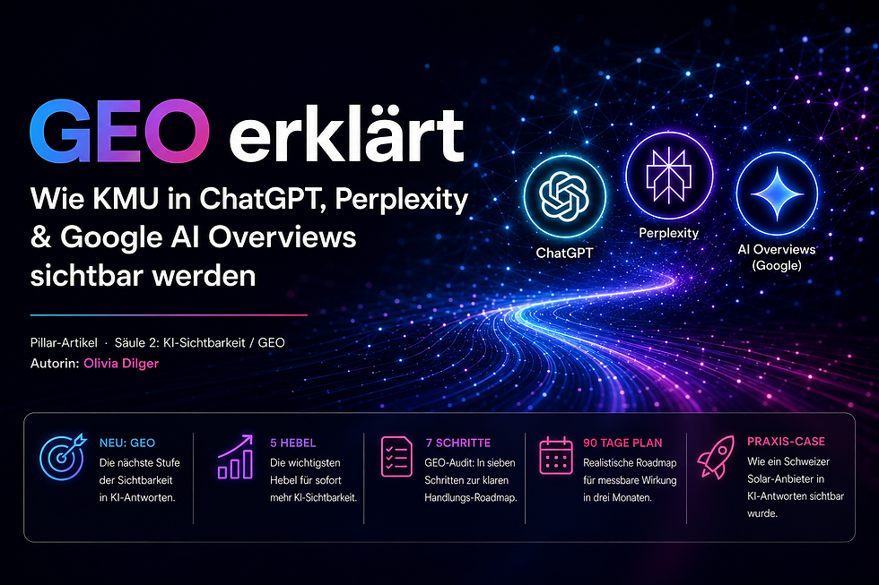 GEO erklärt: Visualisierung zur KI-Sichtbarkeit von Schweizer KMU in ChatGPT, Perplexity und Google AI Overviews. Neuronales Netzwerk mit Lichtspuren und Symbolen für generative KI-Suche, AI Search und Generative Engine Optimization (GEO).
