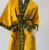 Thumbnail: Gold Satin Robe with Bogolan (Mudcloth )Print Trim w/ Matching Satin Bonnet