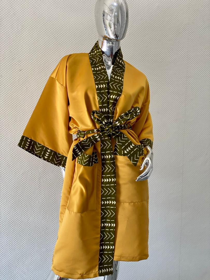 Thumbnail: Gold Satin Robe with Bogolan (Mudcloth )Print Trim w/ Matching Satin Bonnet