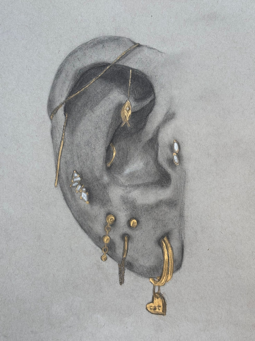 A charcoal and gold drawing of a right ear with many piercings
