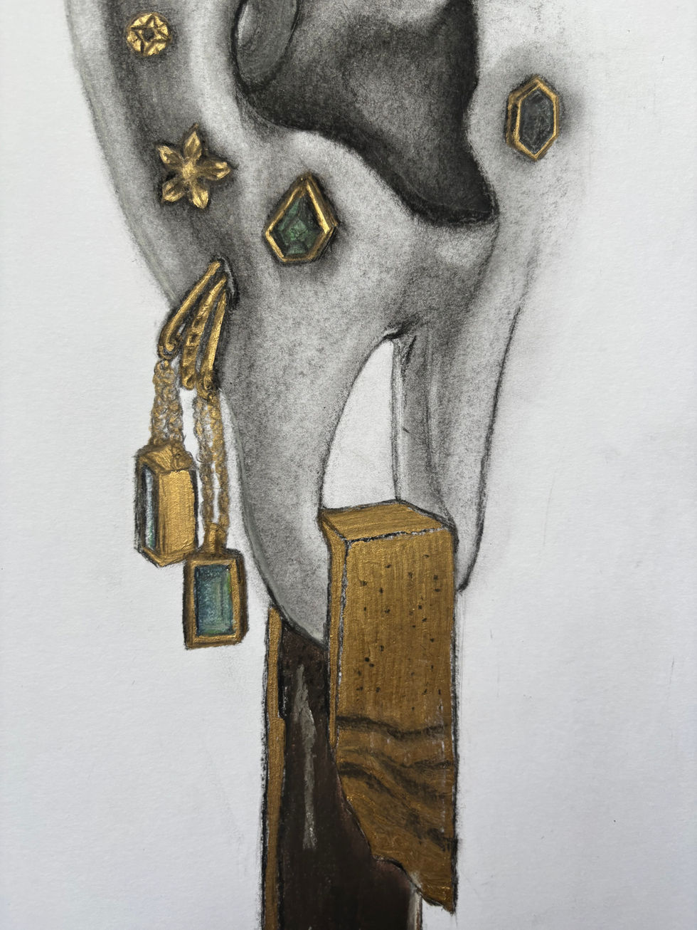 A close-up of part of a charcoal drawing of an ear with piercings and other body modifications.