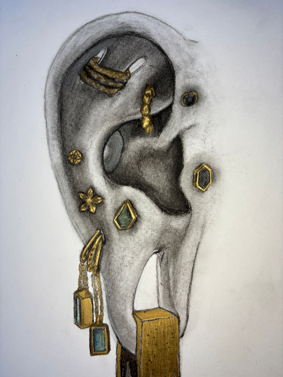 Charcoal drawing of the main body of the ear with piercings and other body modifications depicted in gold and soft pastels.