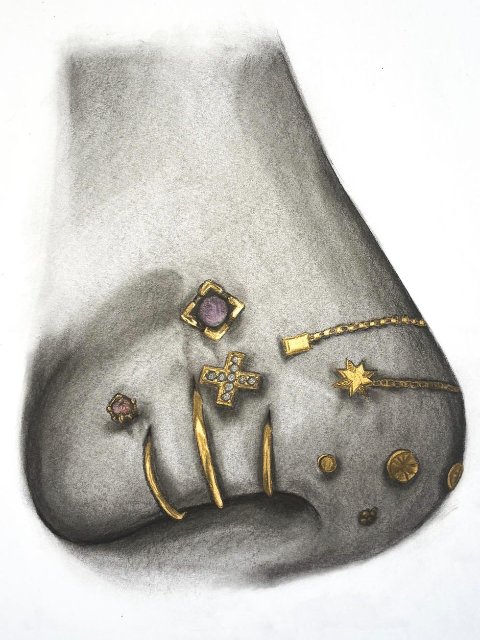 A charcoal and gold and soft pastel drawing of a nose with many piercings