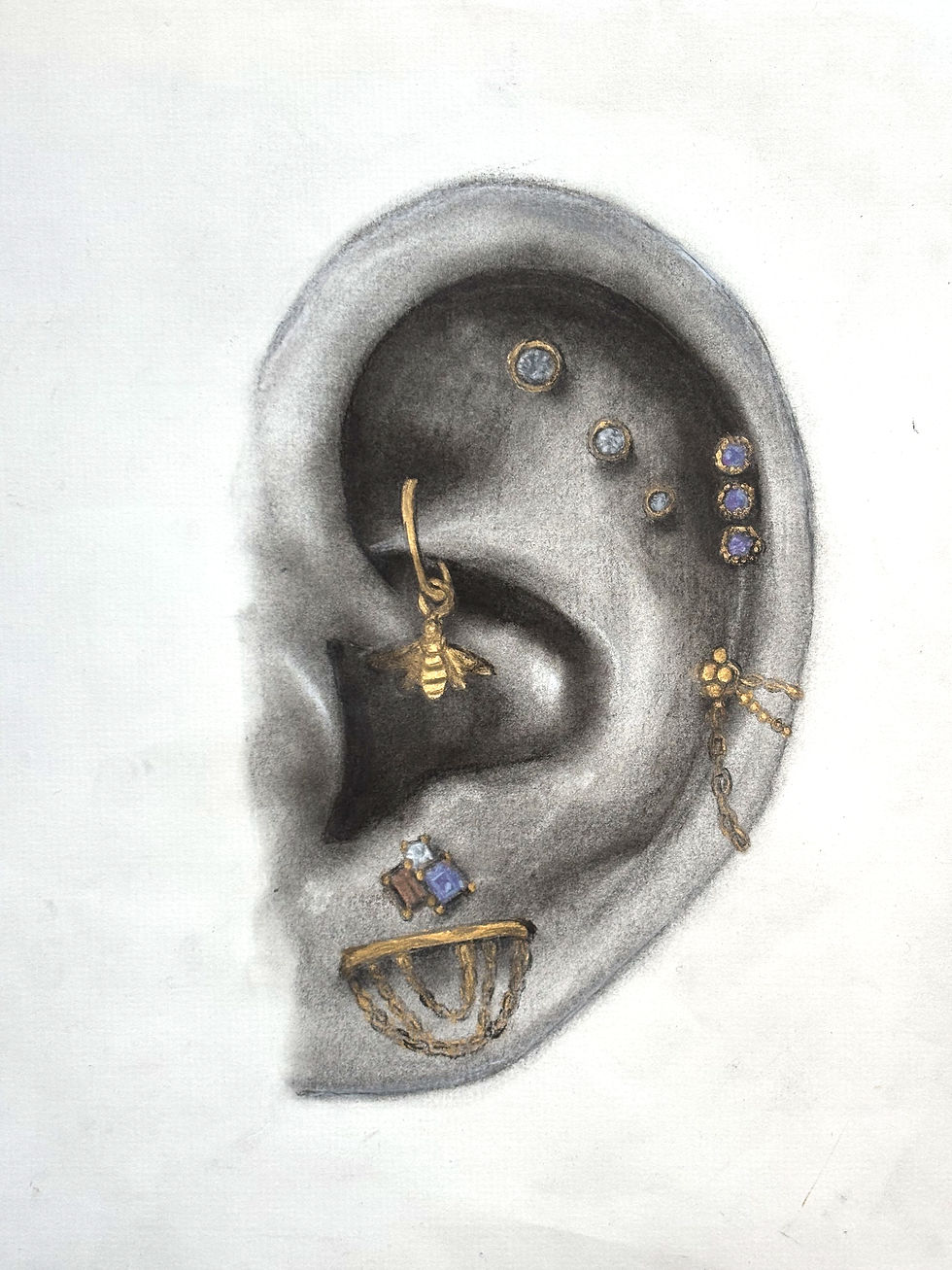 Charcoal drawing of a left ear styling featuring gold and soft pastel accents.