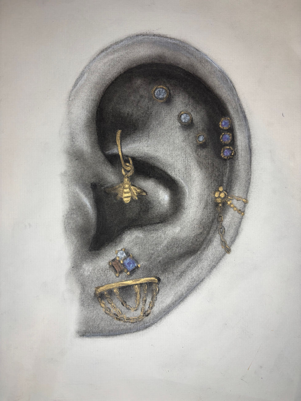 A charcoal, gold, and soft pastel drawing of a curated ear