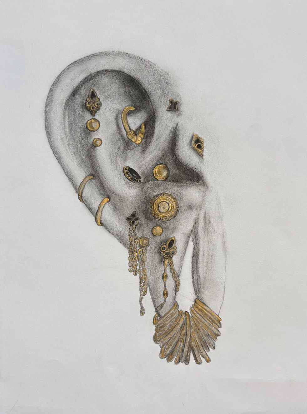 A charcoal and gold drawing of an ear with many piercings depicted in gold and soft pastels.