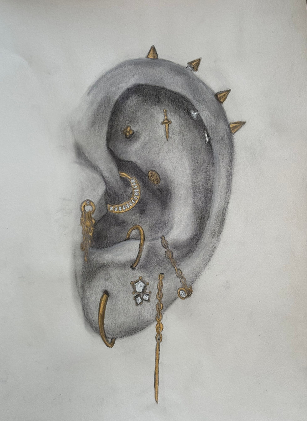 Updated charcoal drawing of a left ear with gold and soft pastel accents.