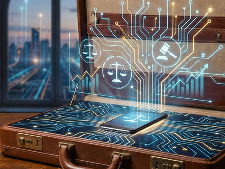 Tablet exibindo gráfico de crescimento em mesa de escritório ao lado de um Vade Mecum, representando o marketing jurídico focado em resultados e captação de clientes.