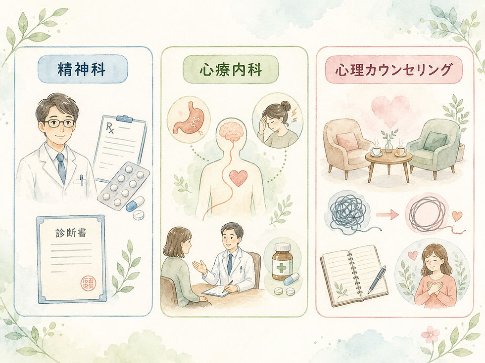 精神科，心療内科，心理カウンセリングの役割の違いを，アイコンで表した図