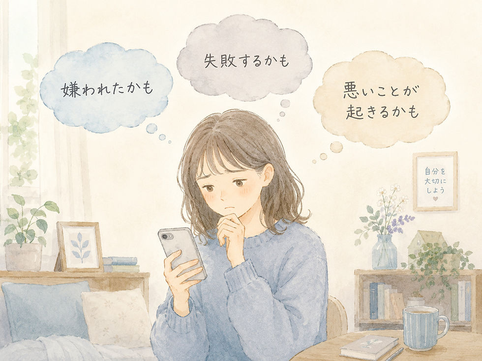 スマホを見ながら不安そうに考え込む人の頭上に，「嫌われたかも」「失敗するかも」などの不安な考えが浮かんでいるイラスト