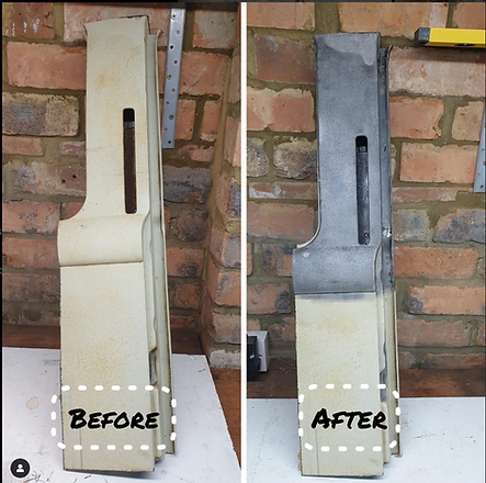 Before and after of VW Camper side panel cleaned by One Laser