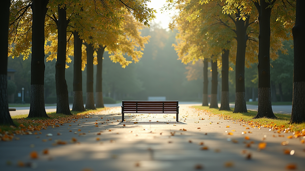 Eye-level view of a serene outdoor space with a bench and trees