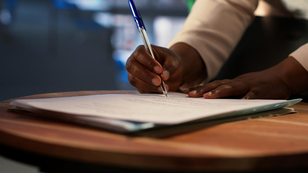 Close-up of hands signing a document with a blue pen on a wooden table, suggesting a formal, focused moment.
