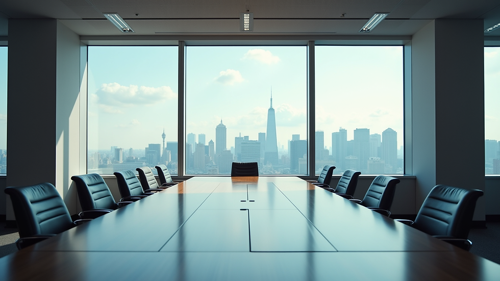 Eye-level view of a modern office boardroom with a large window overlooking a city skyline