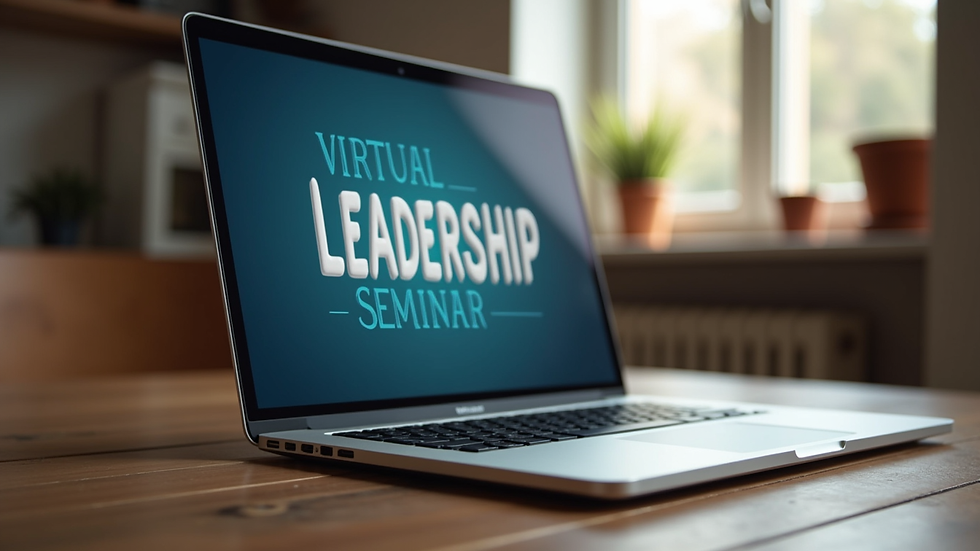 Eye-level view of a laptop displaying a virtual leadership seminar