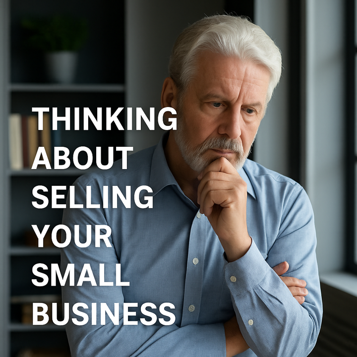 Man in blue shirt looks pensive with hand on chin. Text reads: Thinking about selling your small business. Bookshelf in background.