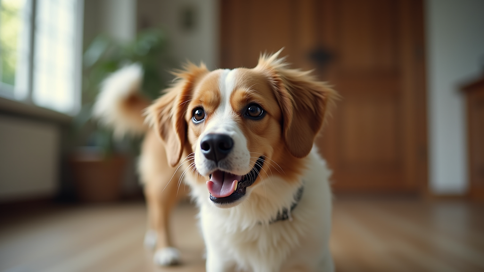 Eye-level view of a dog training session at home