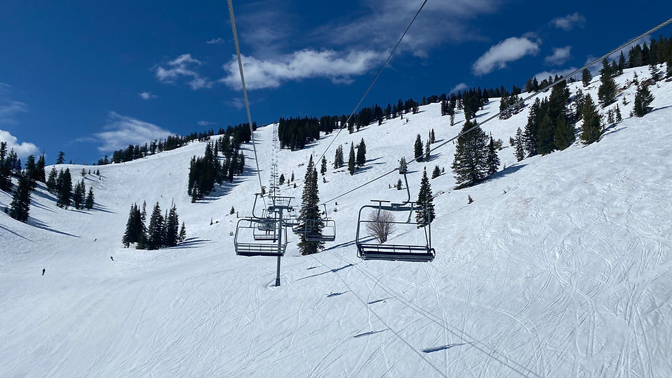 Ski lift ascending snowy mountainside with scattered trees under a clear blue sky. Ski tracks visible on snow; peaceful winter scene.
