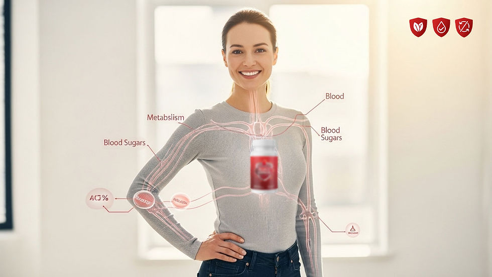 Healthy adult woman representing blood sugar balance guide, showing stable glucose and metabolism pathways
