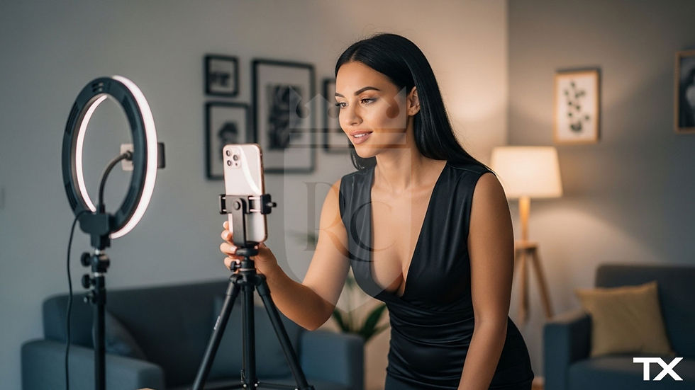 woman streaming with smartphone tripod and ring light demonstrating how to work online as a camgirl while protecting your privacy