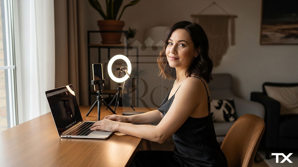 confident woman working online with laptop and streaming setup showing flexible work from home