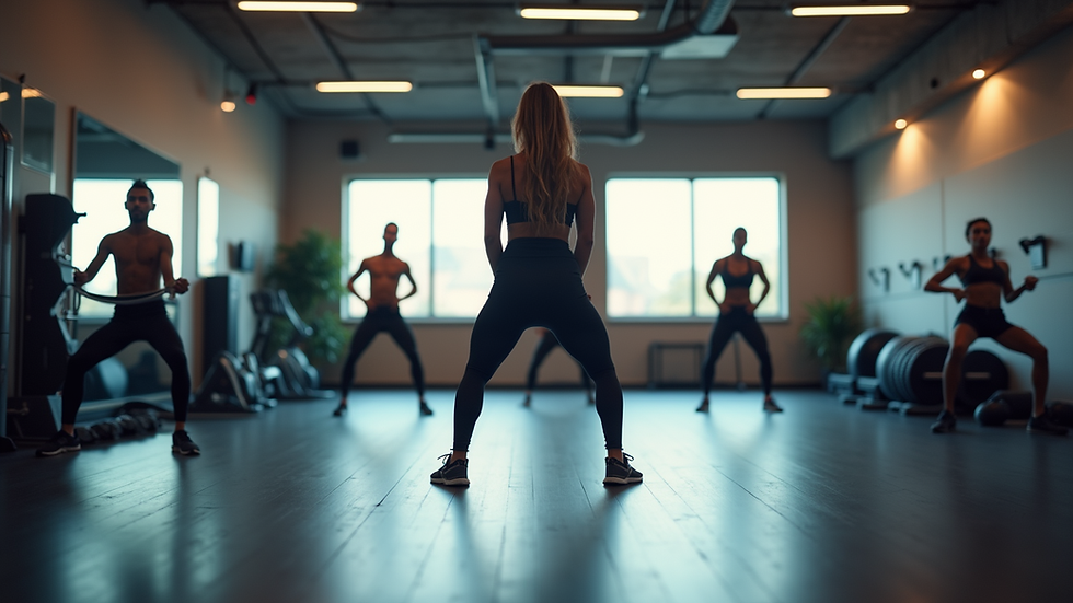 Eye-level view of a fitness studio with a group workout session in progress