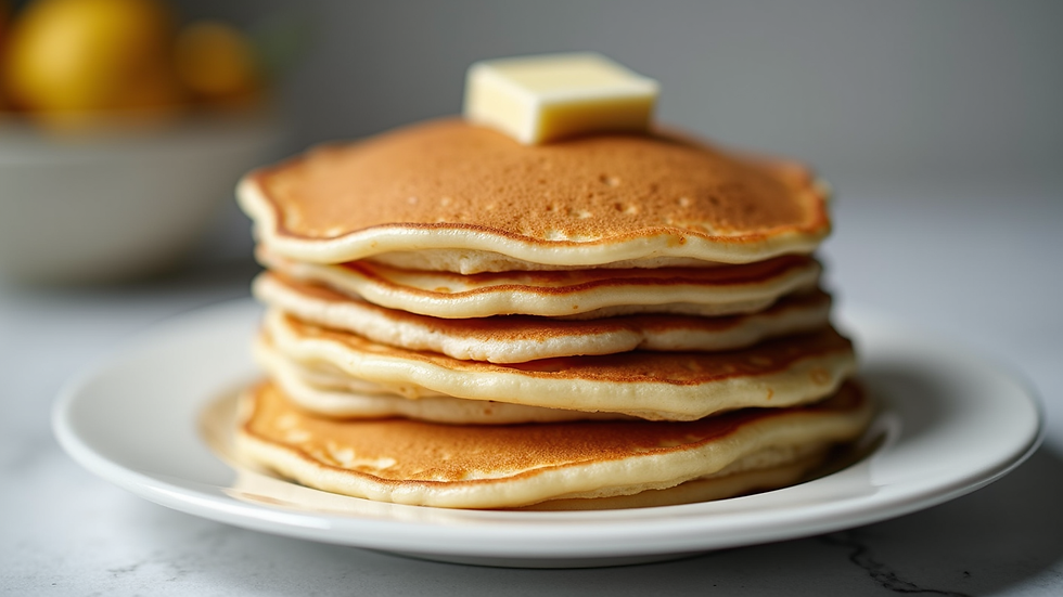 Close-up view of a stack of golden pancakes on a white plate