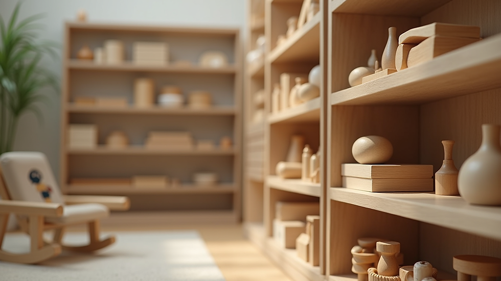 Close-up view of Montessori learning materials arranged neatly on shelves
