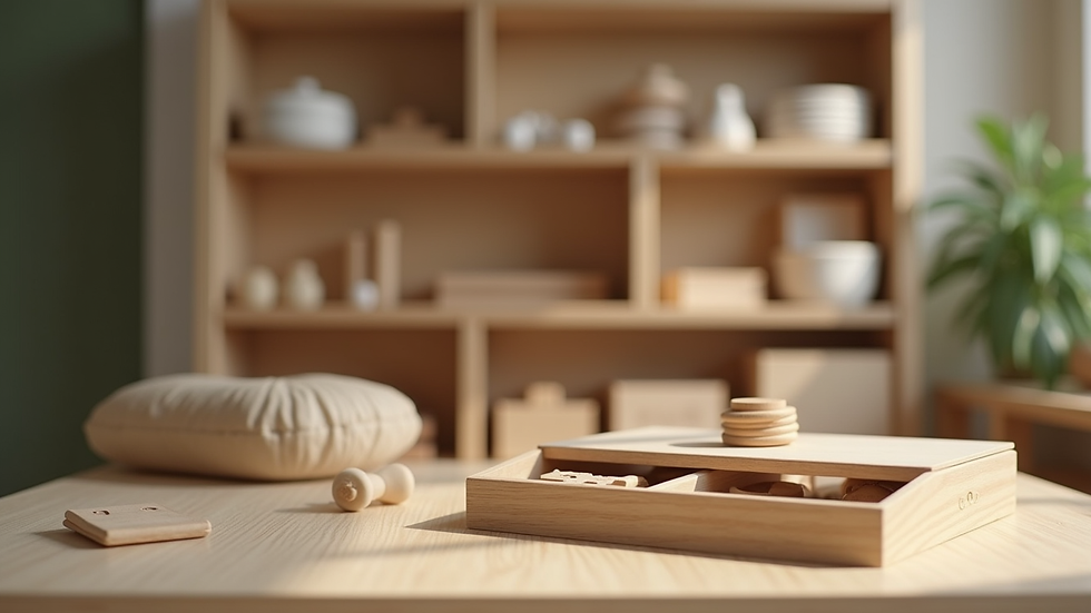 Close-up view of Montessori learning materials arranged neatly on shelves