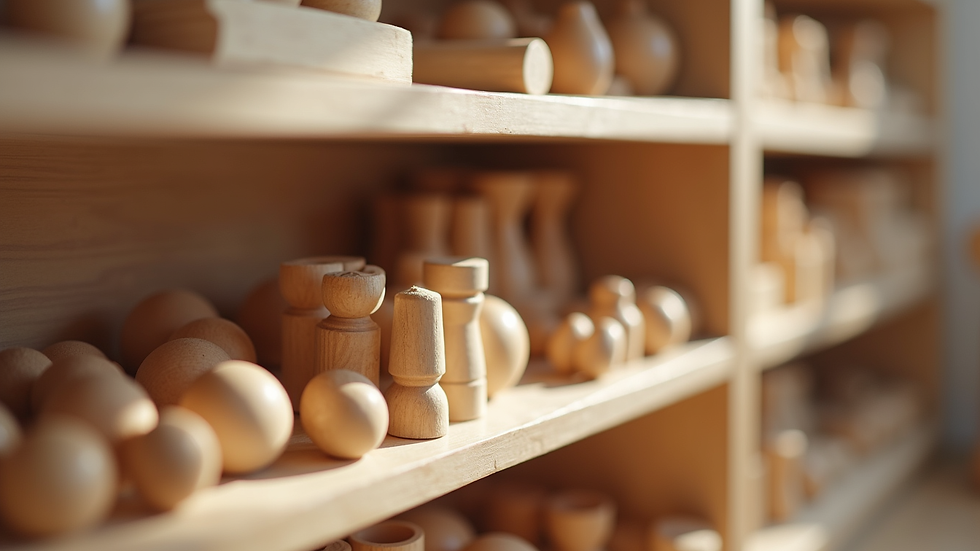 Close-up view of Montessori sensorial materials arranged neatly on shelves