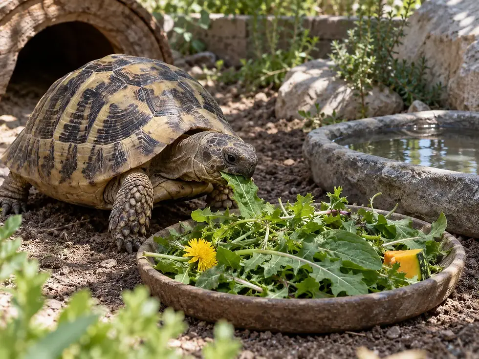 Tortuga terrestre comiendo hojas fibrosas variadas en un recinto exterior