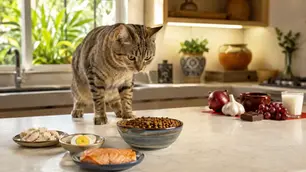 Gato observa su alimento junto a porciones cocidas y alimentos peligrosos separados en una cocina luminosa.