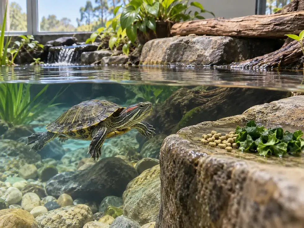 Tortuga acuática en agua limpia junto a pellets y hojas verdes