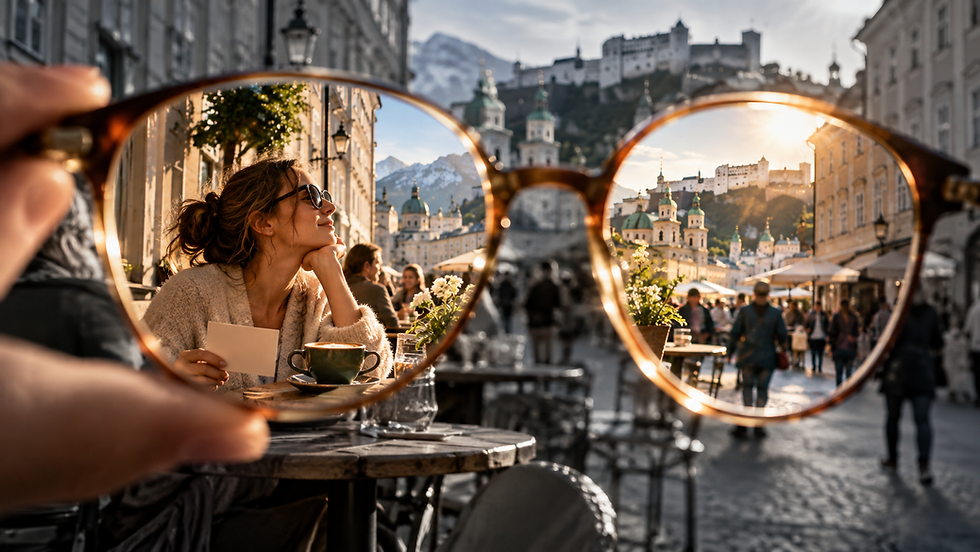 Perspektivenwechsel durch eine Brille: Ein sonniges Café in Salzburg steht im Kontrast zur grauen Umgebung und symbolisiert Glück und Gelassenheit.