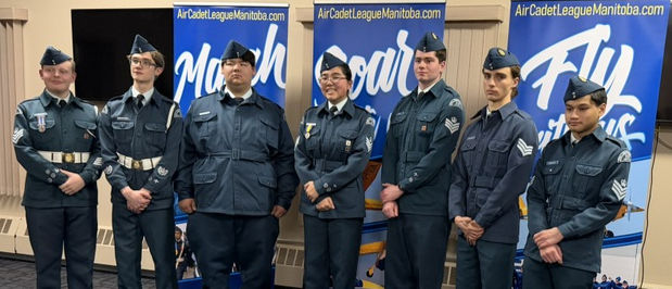 Scholarship recipients FS Matthew Owen-Hunt, WO2 Callum Galbraith, WO2 Iluak Tamusi Nutaraalu Waldo-Burke, FS Angelina JH Li, FS Brock Allan Meyers, Sgt Dax Fabian Crumb, FS Evan Gagujas. Not present: WO2 Nicolas Gagarin, recipient of the Murphy Family Foundation Scholarship