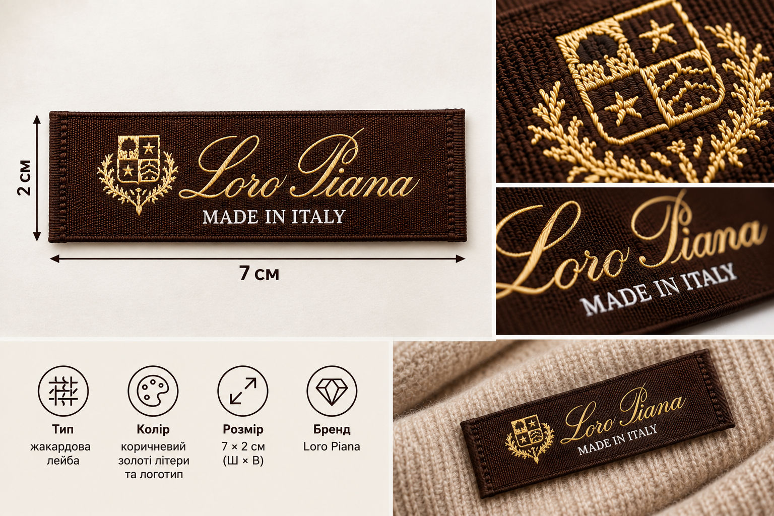 Лейба жакард 7*2см колір коричневий золоті літери логотип Loro Piana
