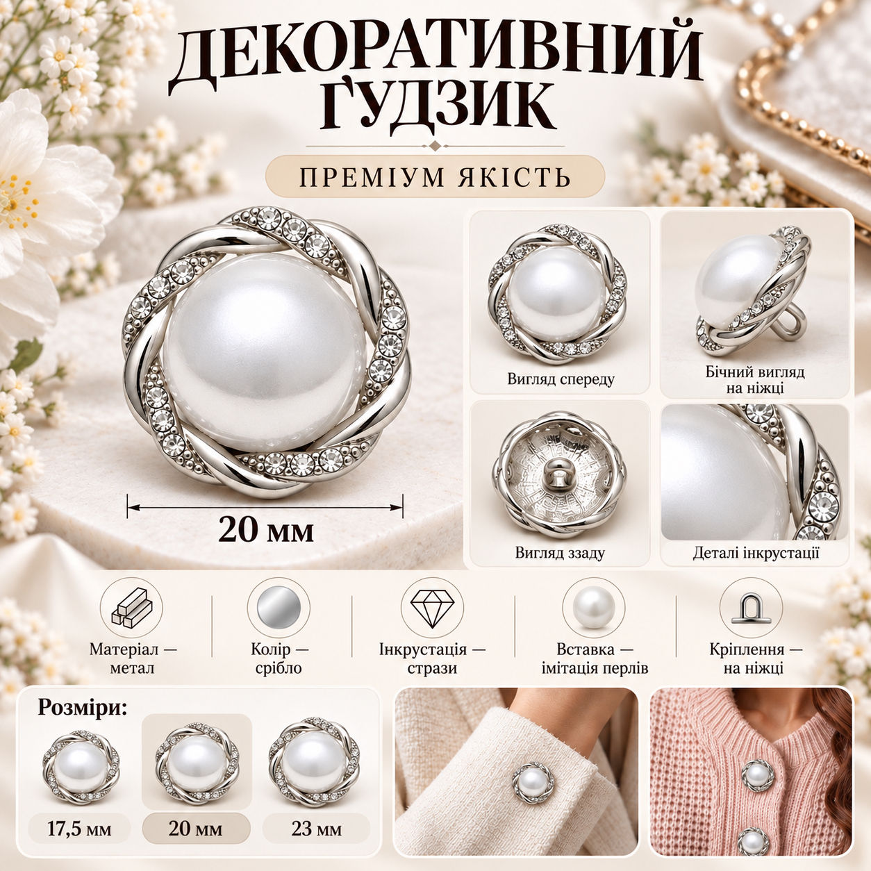 Ґудзик декоративний металевий на ніжці 20мм інкрустація стразами колір срібло (