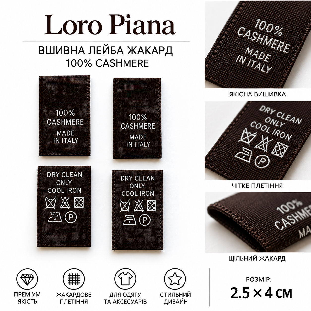 Вшивна лейба жакард 100% cashmere колір темно коричневий Loro Piana