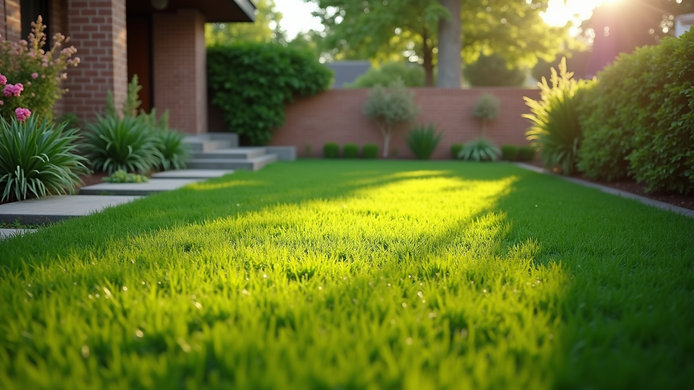 High angle view of a well-maintained suburban lawn with garden beds