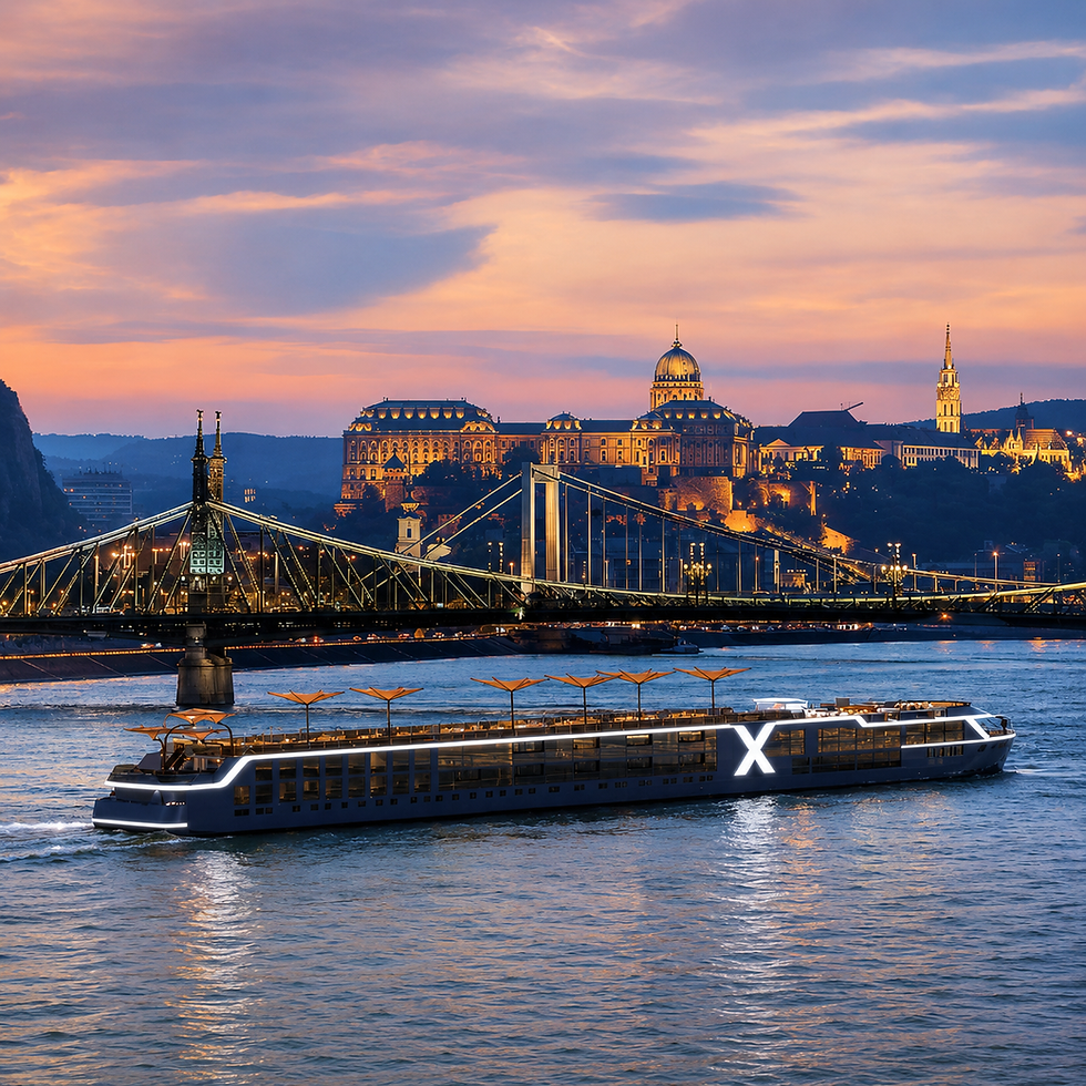 Rendering of a Celebrity River Cruises ship sailing through Europe.