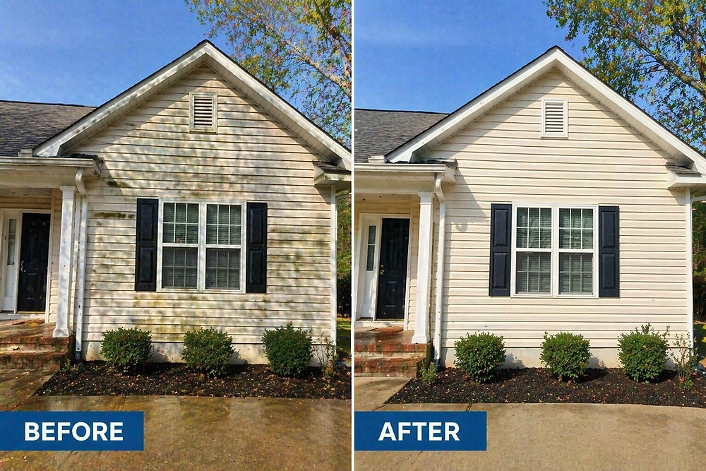 A beige house before & after pressure washing services were done.