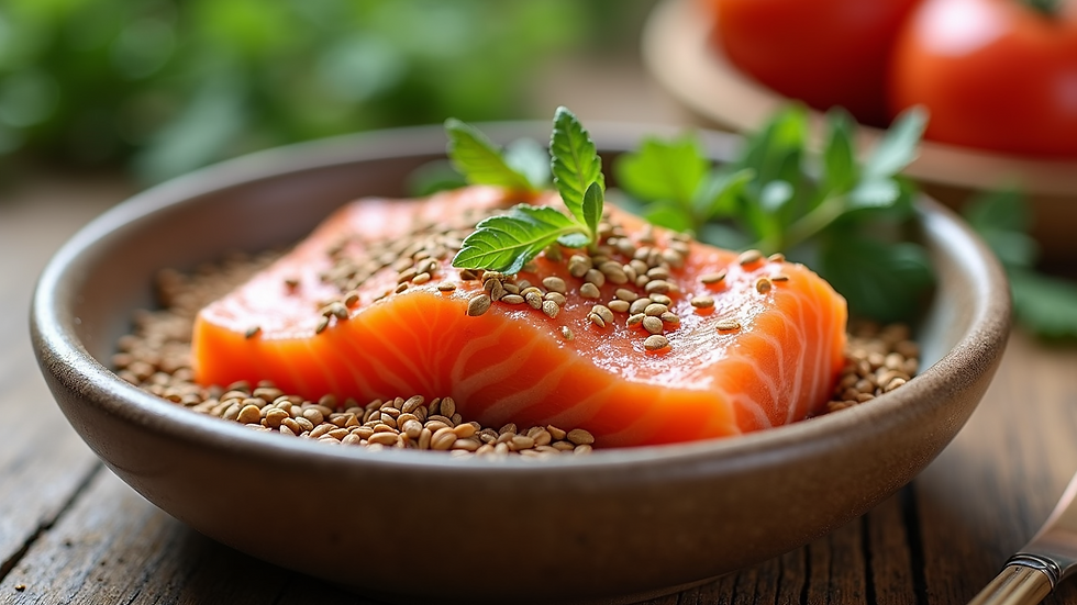 Close-up view of a bowl of fresh omega-3 rich foods including salmon and flaxseeds