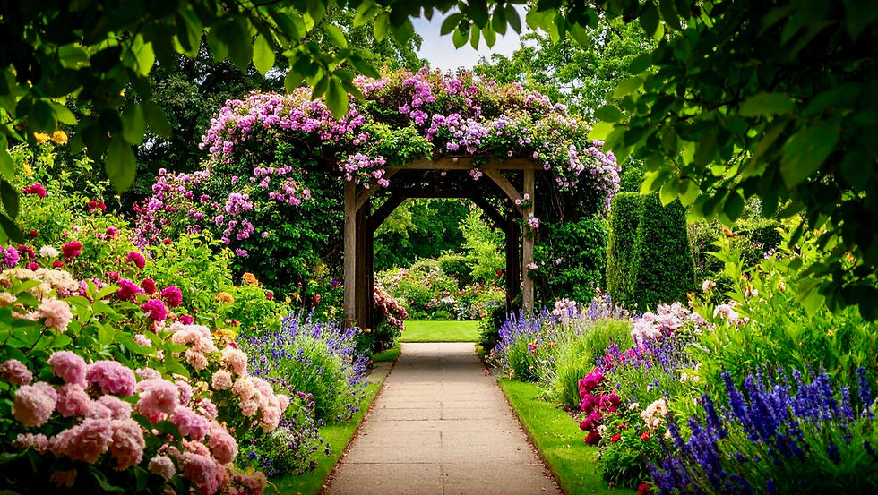 Summer flowers spill over a garden arch.