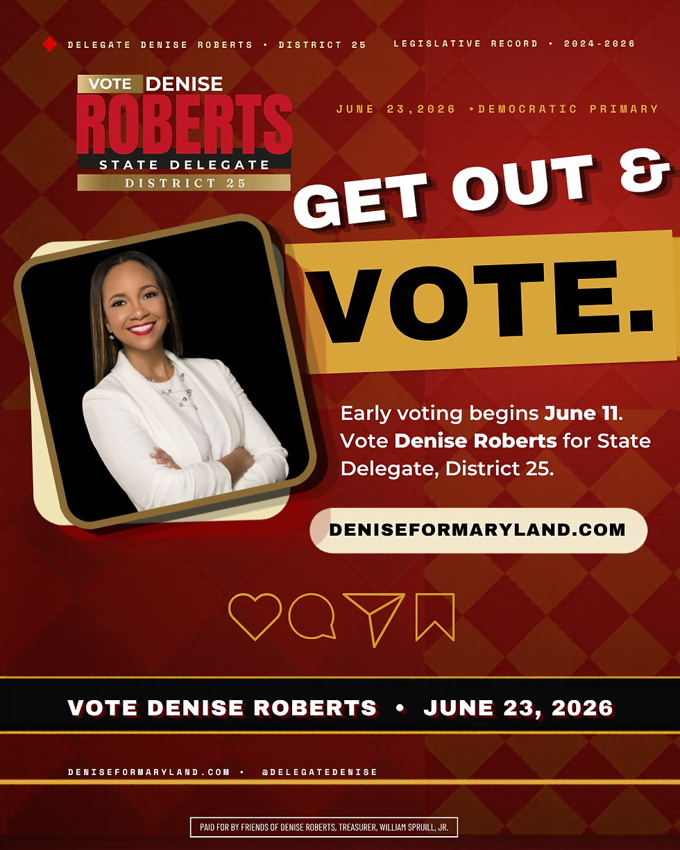 Denise Roberts, get out and vote. Image of Denise Roberts and Early voting dates: June 11th-June 18th.